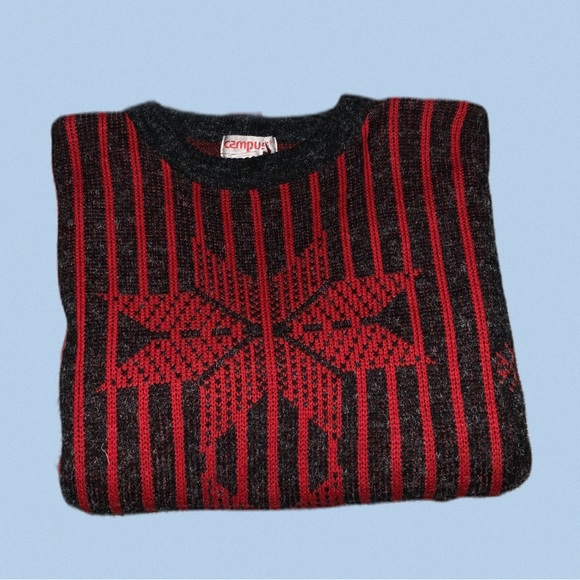 vintage knit sweater red quilt‎ star snowflake striped L - Picture 3 of 7